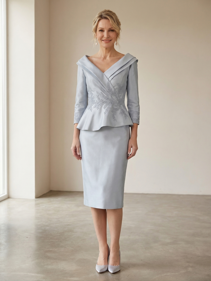 Sheath/Column V-Neck 3/4 Sleeves 2 Pieces Mother of the Bride Dresses with Appliques &amp; Ruffles
