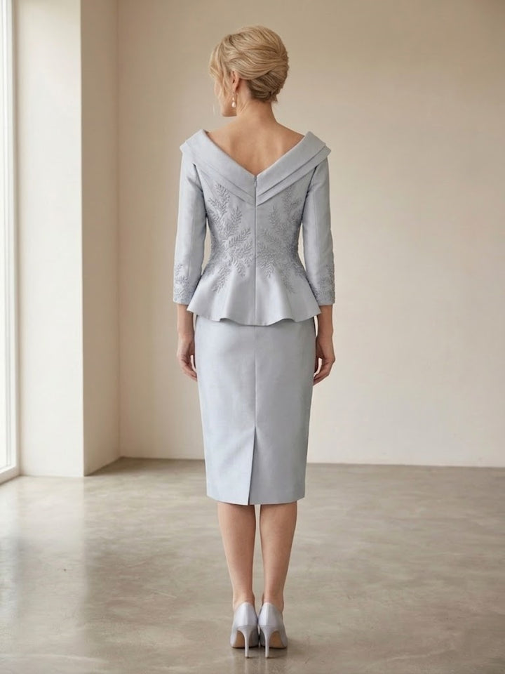 Sheath/Column V-Neck 3/4 Sleeves 2 Pieces Mother of the Bride Dresses with Appliques &amp; Ruffles