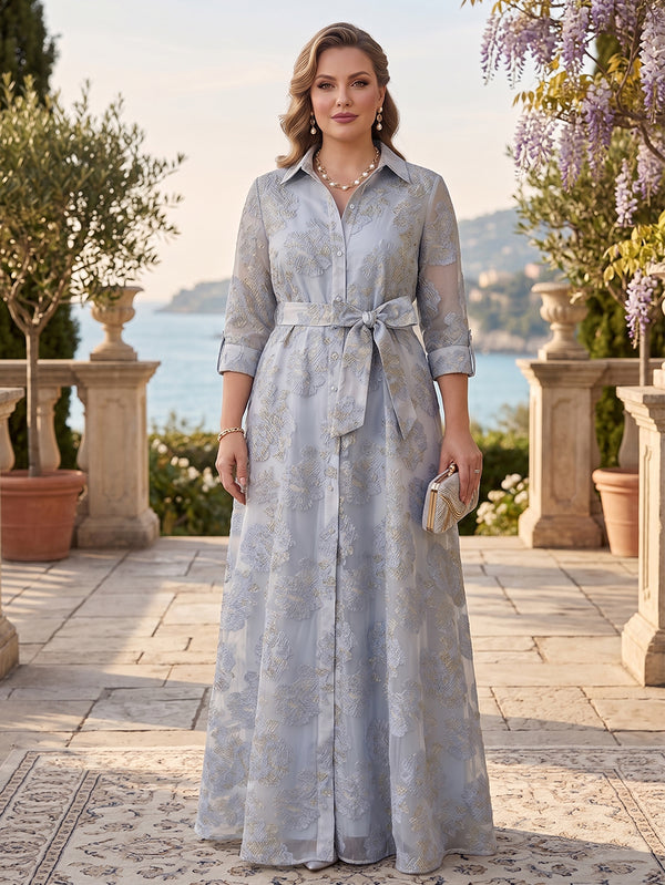 A-Line/Princess Shirt Collar  3/4 Sleeves Plus Size Mother of the Bride Dresses with Split Side & Bowknot