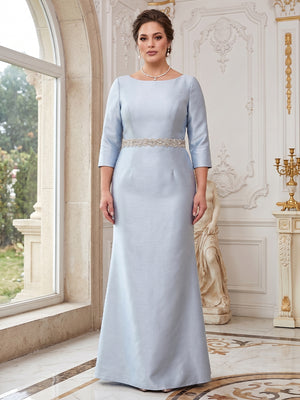 Sheath/Column Crew Neck 3/4 Sleeves Plus Size Mother of the Bride Dresses with Beading & Sash