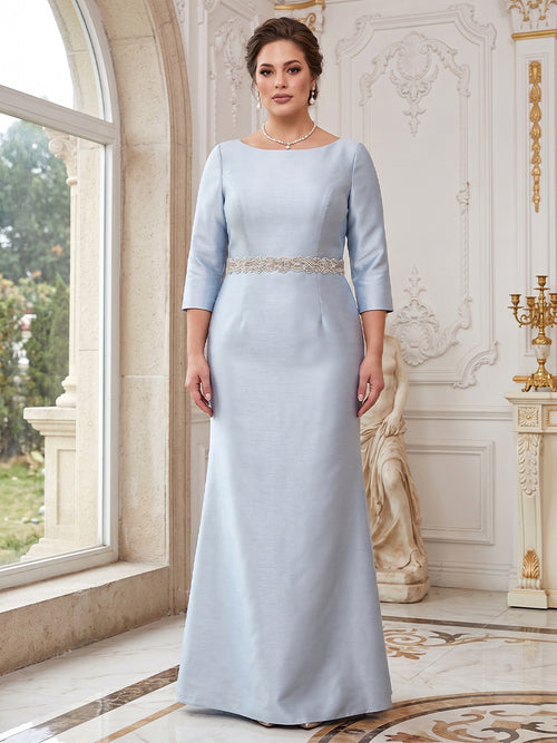 Sheath/Column Crew Neck 3/4 Sleeves Plus Size Mother of the Bride Dresses with Beading & Sash