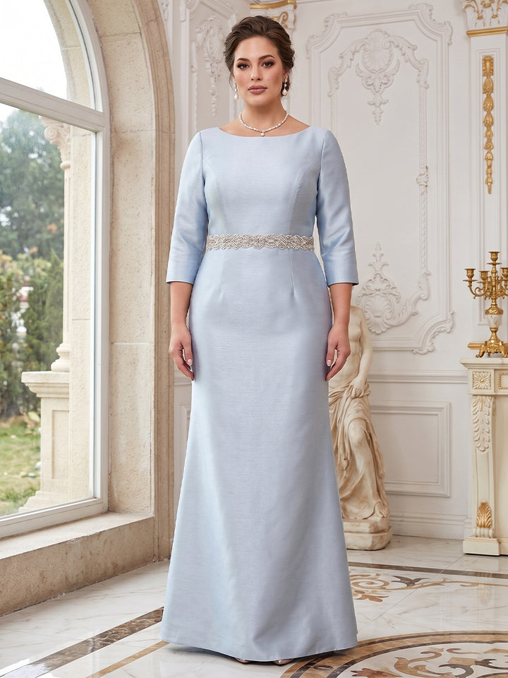 Sheath/Column Crew Neck 3/4 Sleeves Plus Size Mother of the Bride Dresses with Beading &amp; Sash