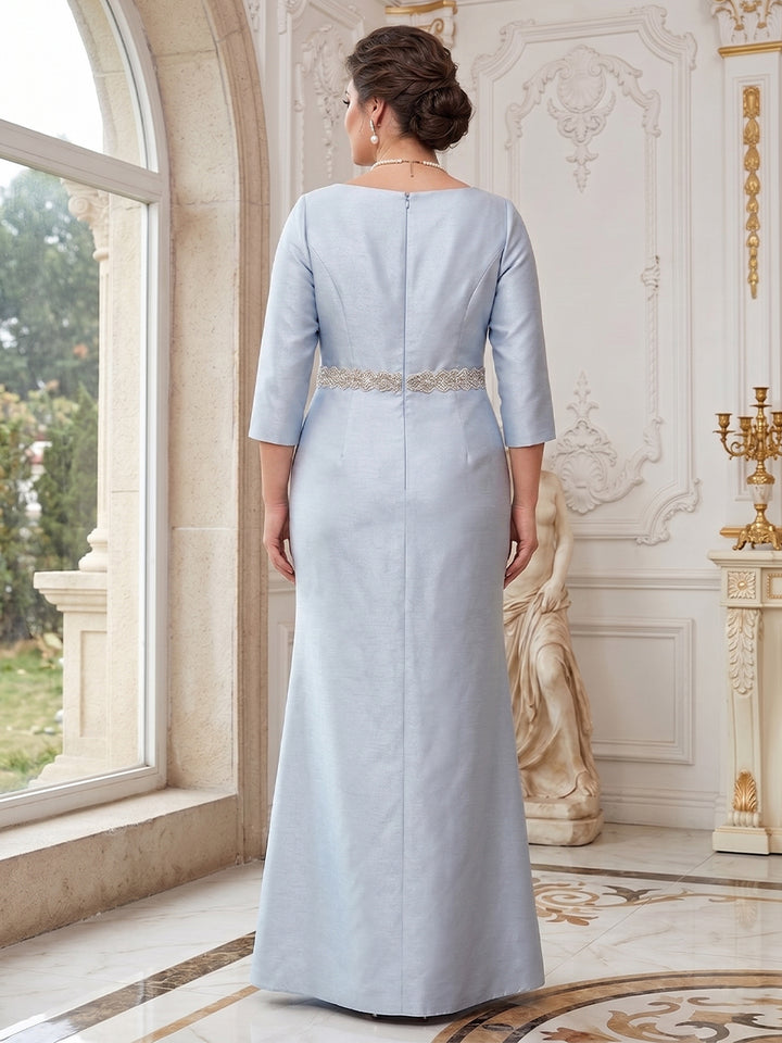 Sheath/Column Crew Neck 3/4 Sleeves Plus Size Mother of the Bride Dresses with Beading &amp; Sash