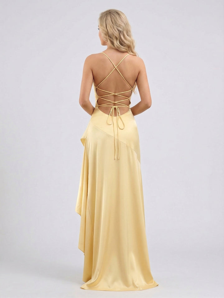 Sheath/Column Spaghetti Straps Asymmetrical Bridesmaid Dresses with Split Side &amp; Ruffles