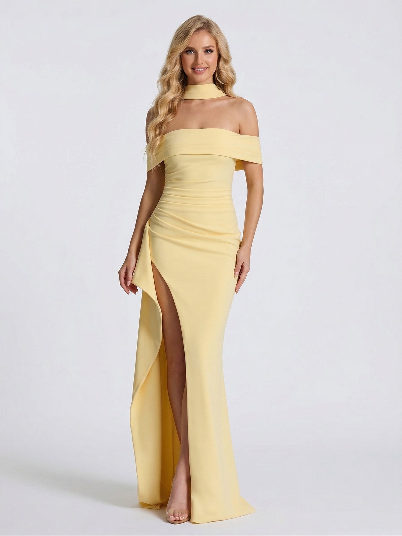Sheath/Column Off-the-Shoulder Scarf Wrap Floor-Length Bridesmaid Dresses with Pleats & Split Side