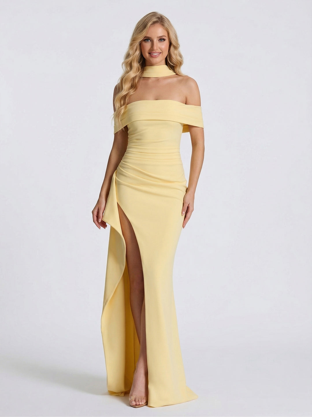 Lavetir Sheath/Column Off-the-Shoulder Scarf Wrap Floor-Length Bridesmaid Dresses with Pleats & Split Side 2026