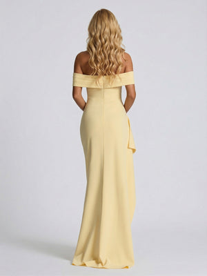 Sheath/Column Off-the-Shoulder Scarf Wrap Floor-Length Bridesmaid Dresses with Pleats & Split Side