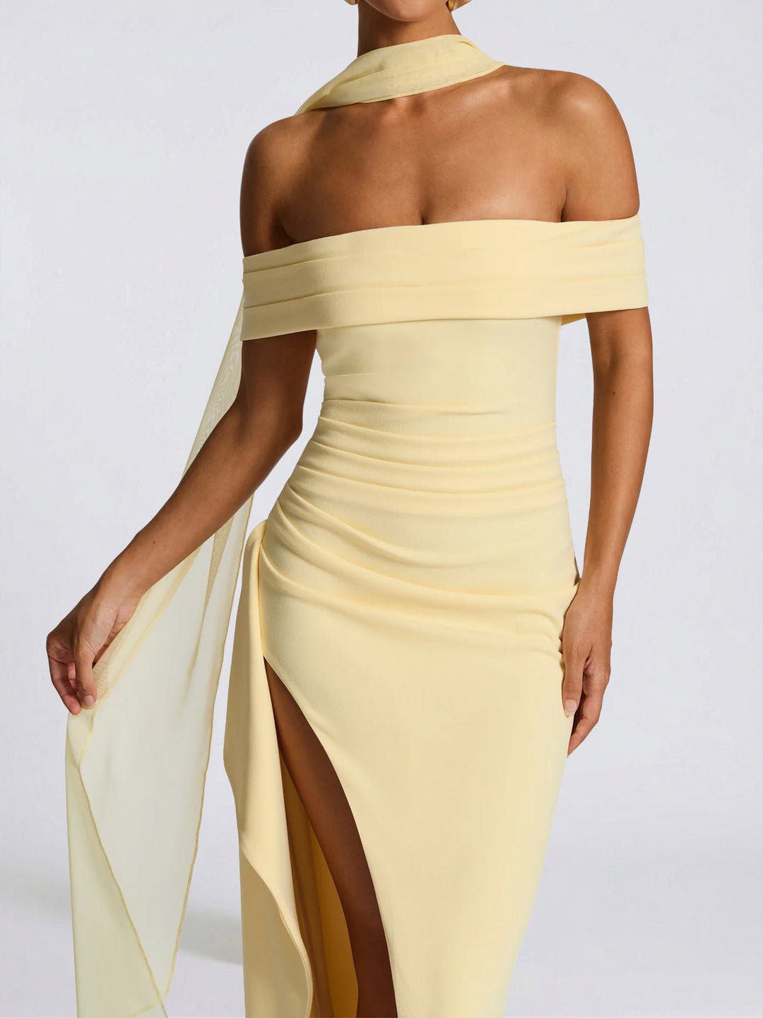 Sheath/Column Off-the-Shoulder Scarf Wrap Floor-Length Bridesmaid Dresses with Pleats &amp; Split Side