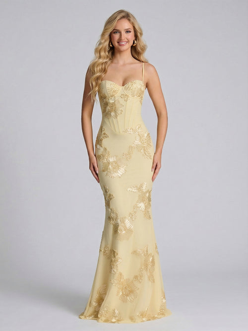 Sheath/Column Spaghetti Straps Floor-Length Bridesmaid Dresses with Applique