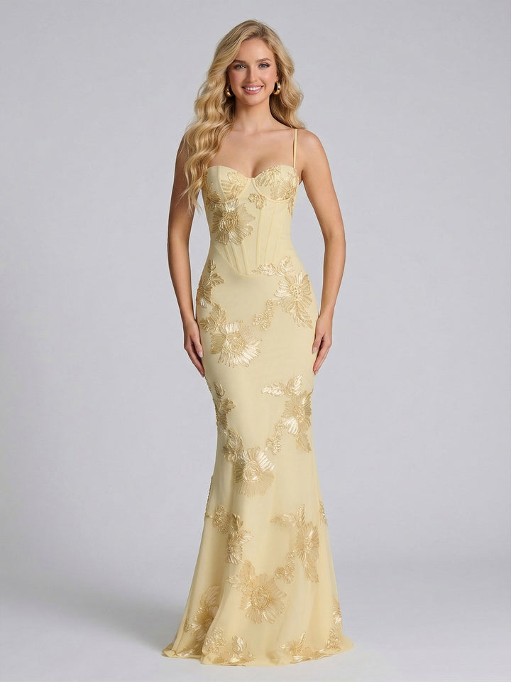 Sheath/Column Spaghetti Straps Floor-Length Bridesmaid Dresses with Applique