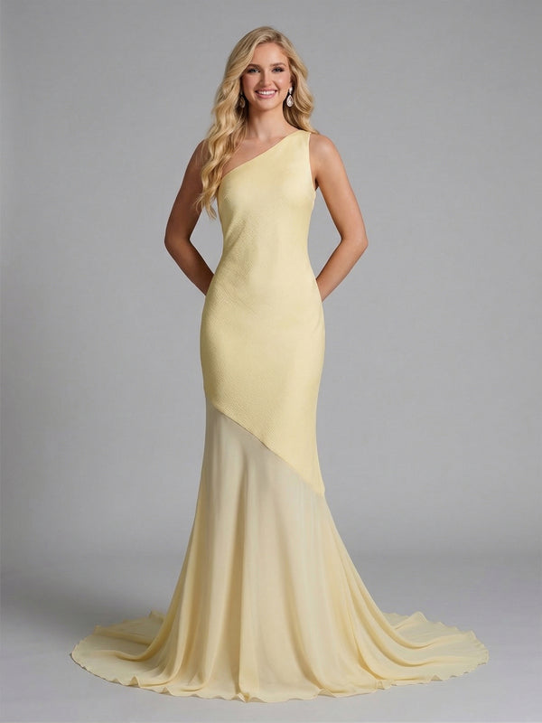 Trumpet/Mermaid One-Shoulder Sweep train/brush train Bridesmaid Dresses with Bowknot