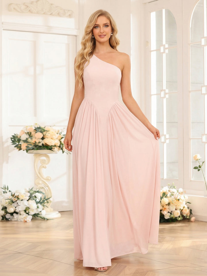 A-Line/Princess One-Shoulder Floor-Length Bridesmaid Dresses with Pleats