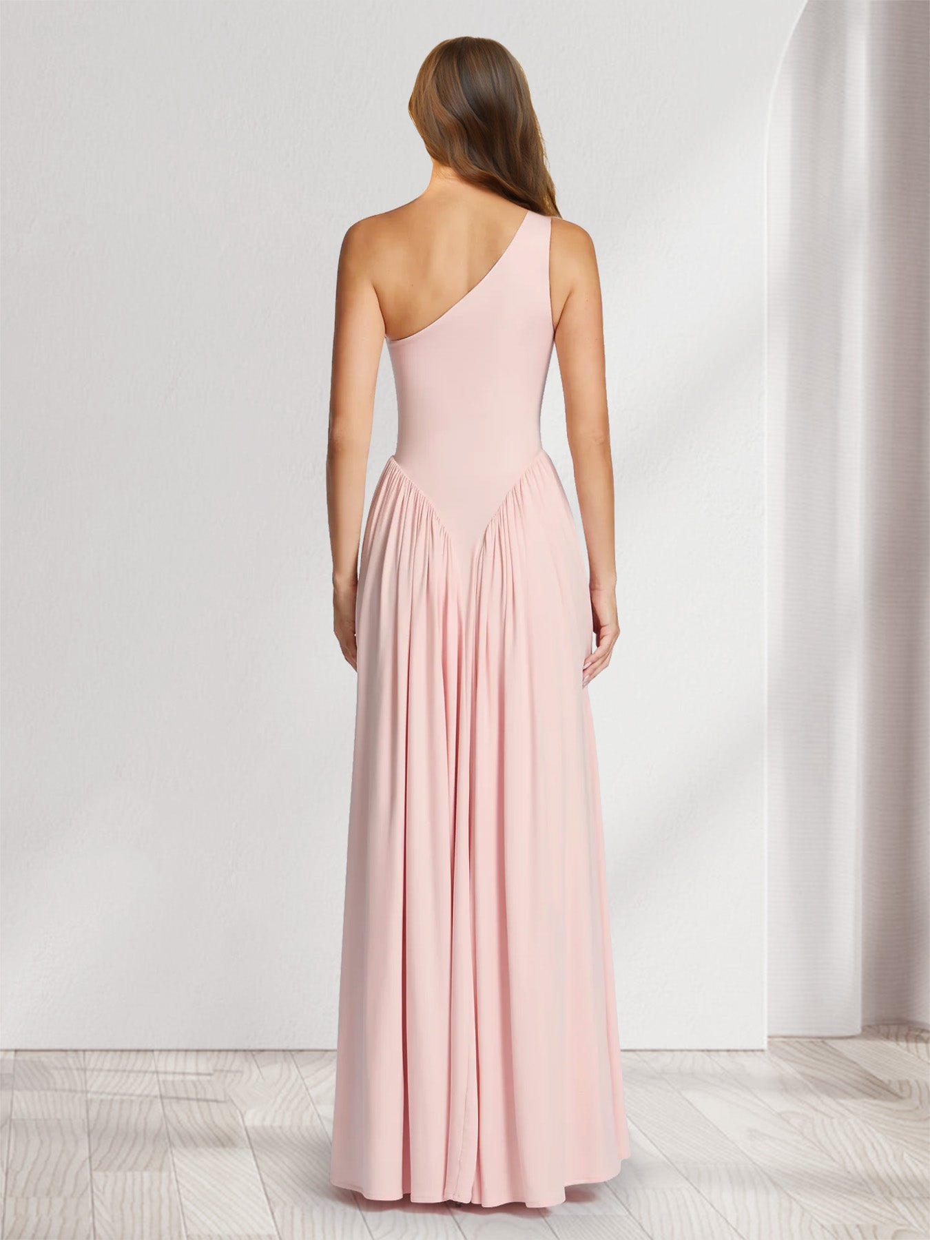 A-Line/Princess One-Shoulder Floor-Length Bridesmaid Dresses with Pleats