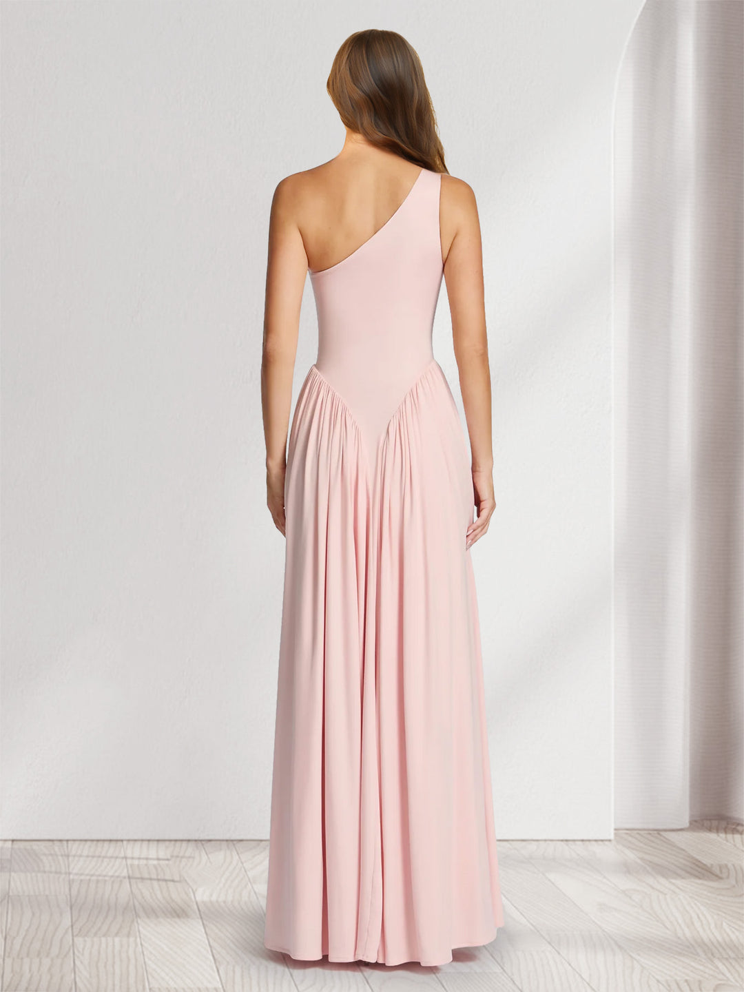 A-Line/Princess One-Shoulder Floor-Length Bridesmaid Dresses with Pleats