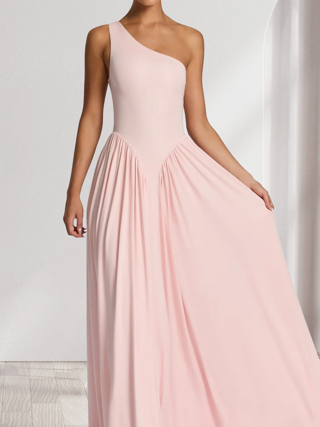 A-Line/Princess One-Shoulder Floor-Length Bridesmaid Dresses with Pleats