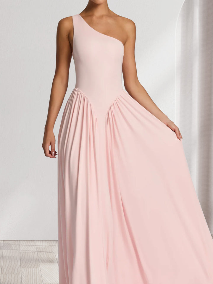 A-Line/Princess One-Shoulder Floor-Length Bridesmaid Dresses with Pleats