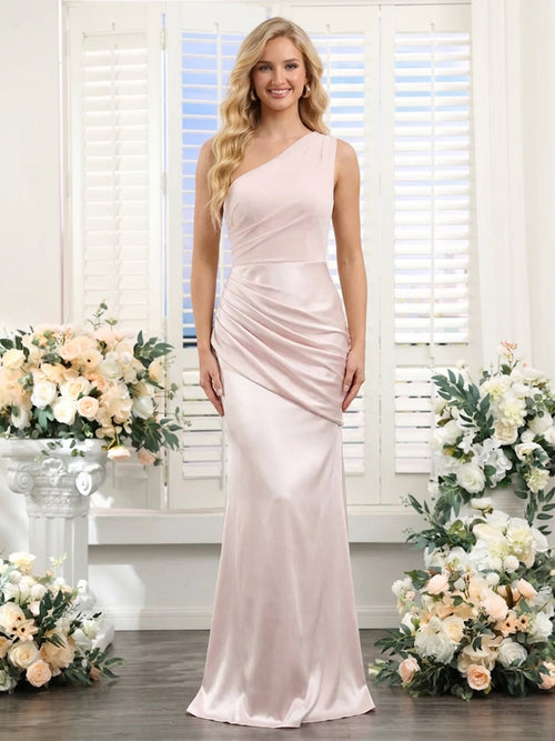 Trumpet/Mermaid One-Shoulder Asymmetrical Floor-Length Bridesmaid Dresses with Pleats