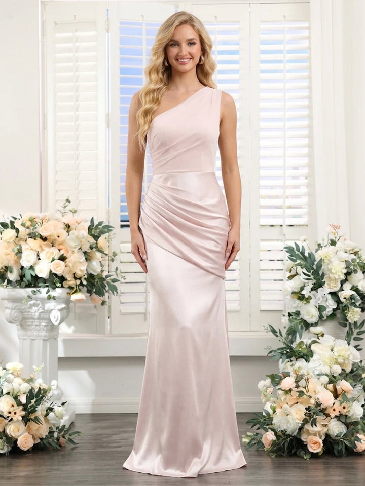 Trumpet/Mermaid One-Shoulder Asymmetrical Floor-Length Bridesmaid Dresses with Pleats