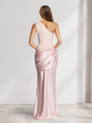 Trumpet/Mermaid One-Shoulder Asymmetrical Floor-Length Bridesmaid Dresses with Pleats