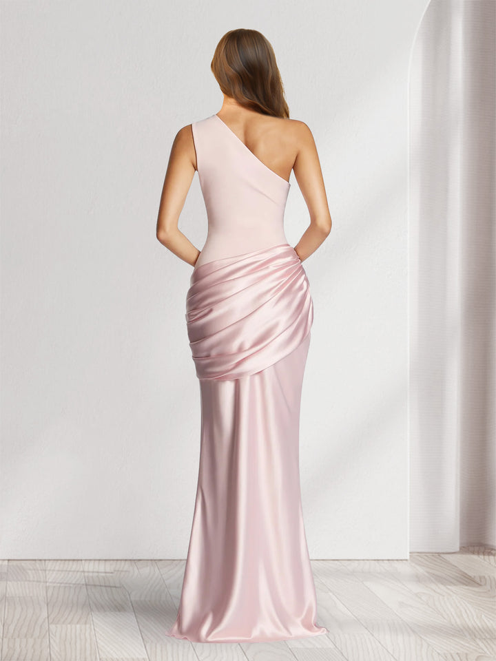 Trumpet/Mermaid One-Shoulder Asymmetrical Floor-Length Bridesmaid Dresses with Pleats