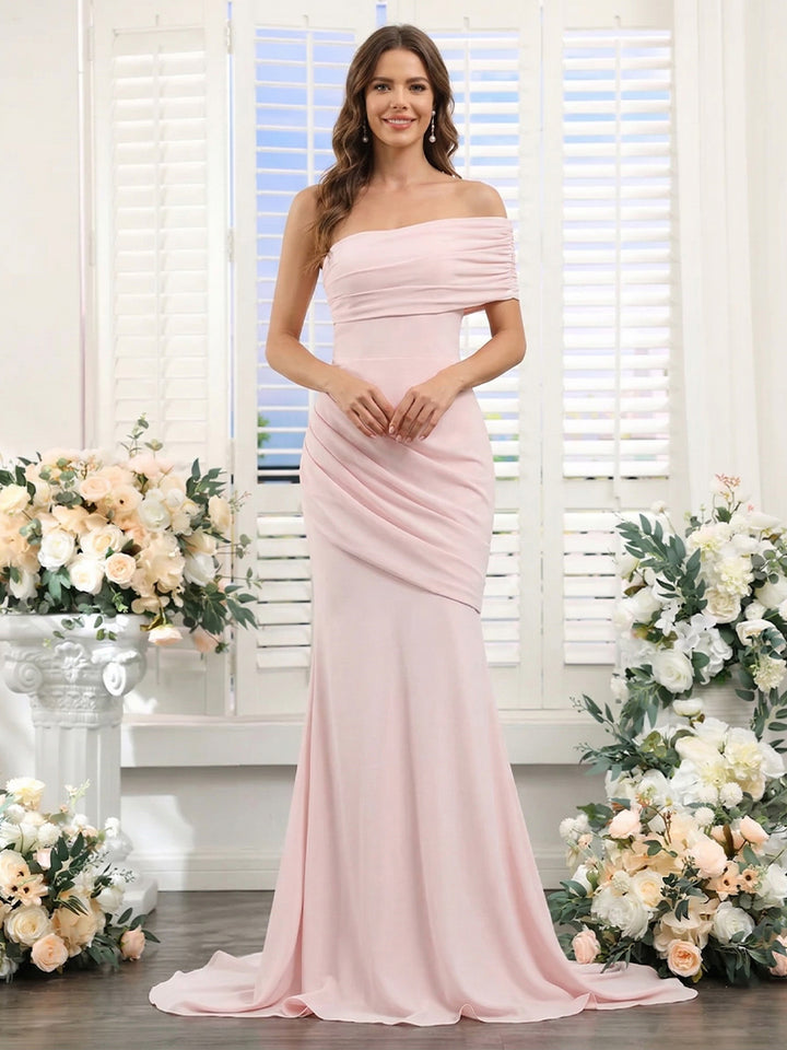 Trumpet/Mermaid One-Shoulder Short Sleeves Floor-Length Bridesmaid Dresses with Pleats