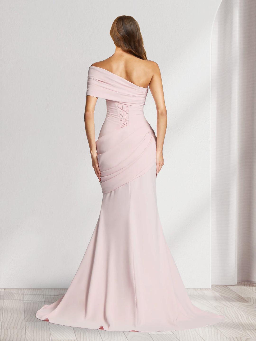 Trumpet/Mermaid One-Shoulder Short Sleeves Floor-Length Bridesmaid Dresses with Pleats