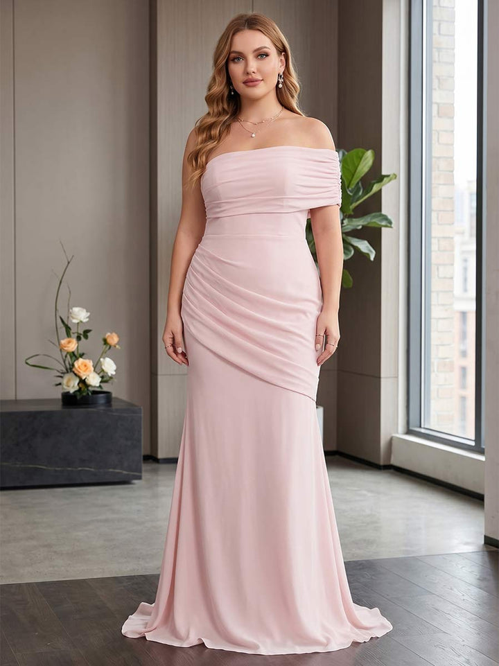 Trumpet/Mermaid One-Shoulder Short Sleeves Floor-Length Plus Size Bridesmaid Dresses with Pleats