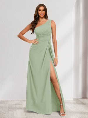 Sheath/Column One-Shoulder Floor-Length Bridesmaid Dresses with Ruched & Split Side