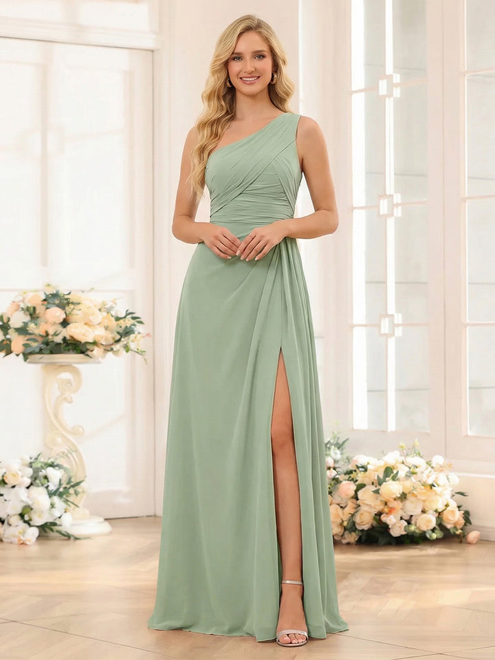 Sheath/Column One-Shoulder Floor-Length Bridesmaid Dresses with Ruched &amp; Split Side