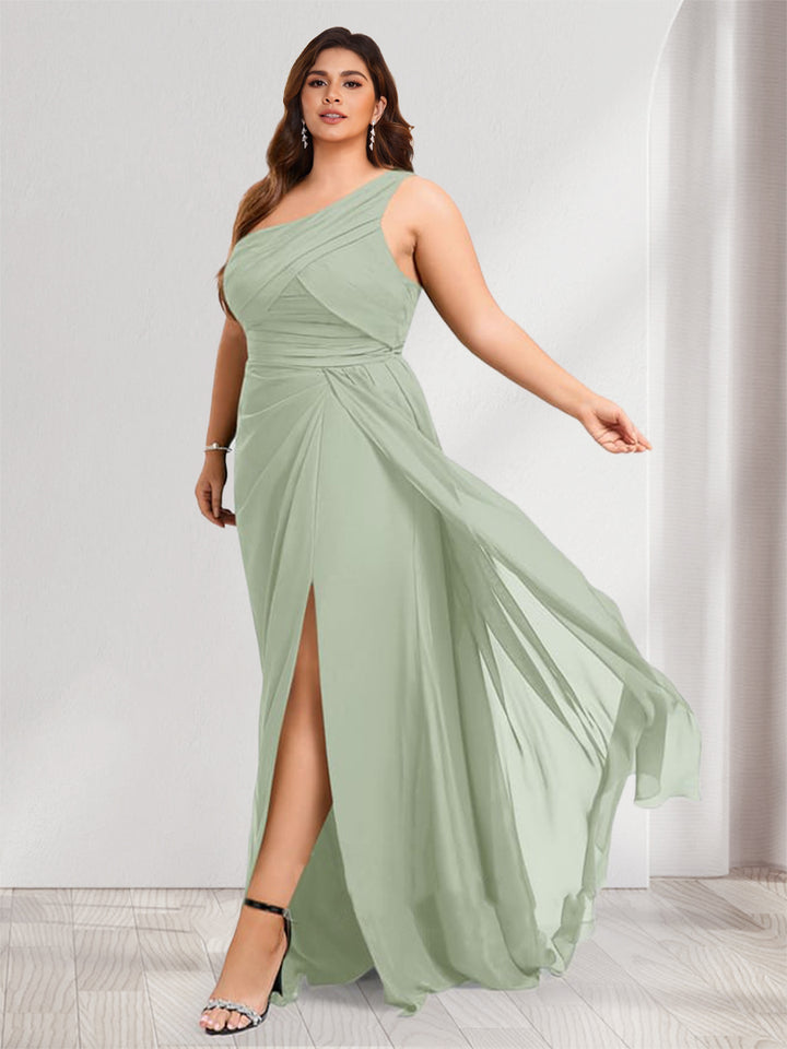 Sheath/Column One-Shoulder Floor-Length Plus Size Bridesmaid Dresses with Ruched &amp; Split Side