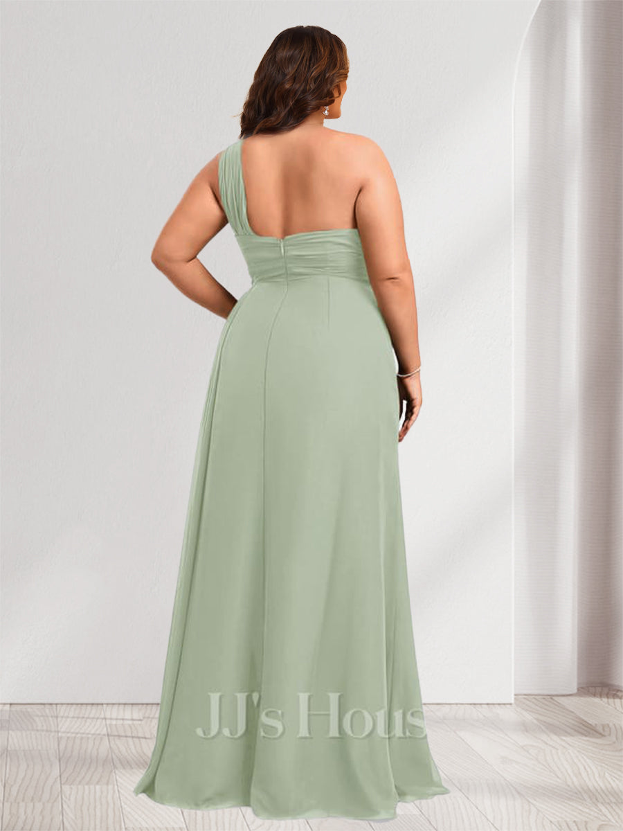 Sheath/Column One-Shoulder Floor-Length Plus Size Bridesmaid Dresses with Ruched &amp; Split Side