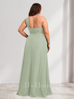 Sheath/Column One-Shoulder Floor-Length Plus Size Bridesmaid Dresses with Ruched & Split Side