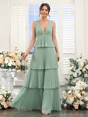 A-Line/Princess V-Neck Sleeveless Floor-Length Bridesmaid Dresses with Pleats & Ruffles