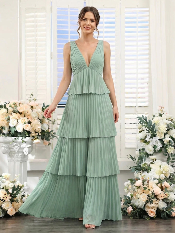 A-Line/Princess V-Neck Sleeveless Floor-Length Bridesmaid Dresses with Pleats &amp; Ruffles