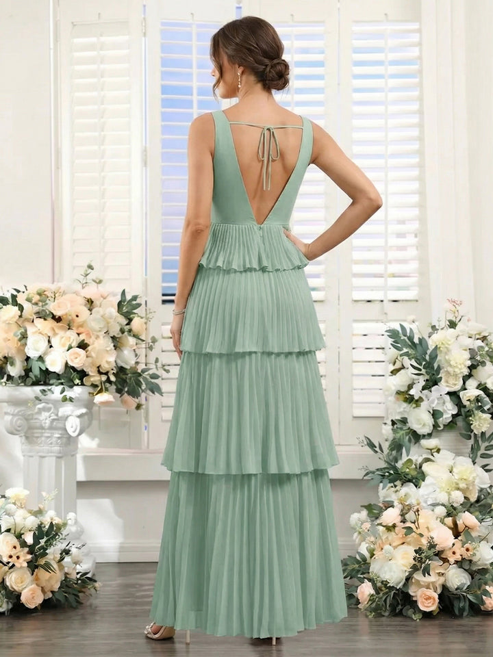 A-Line/Princess V-Neck Sleeveless Floor-Length Bridesmaid Dresses with Pleats &amp; Ruffles