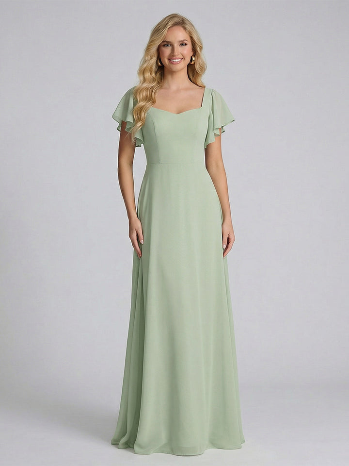 A-Line/Princess Sweetheart Short Sleeves Floor-Length Bridesmaid Dresses with Ruffles