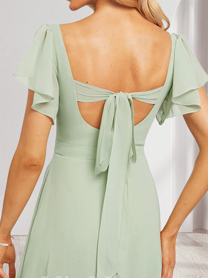 A-Line/Princess Sweetheart Short Sleeves Floor-Length Bridesmaid Dresses with Ruffles