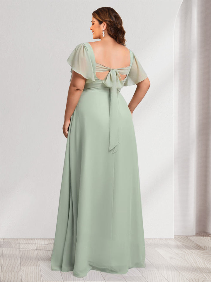 A-Line/Princess Sweetheart Short Sleeves Floor-Length Plus Size Bridesmaid Dresses with Ruffles