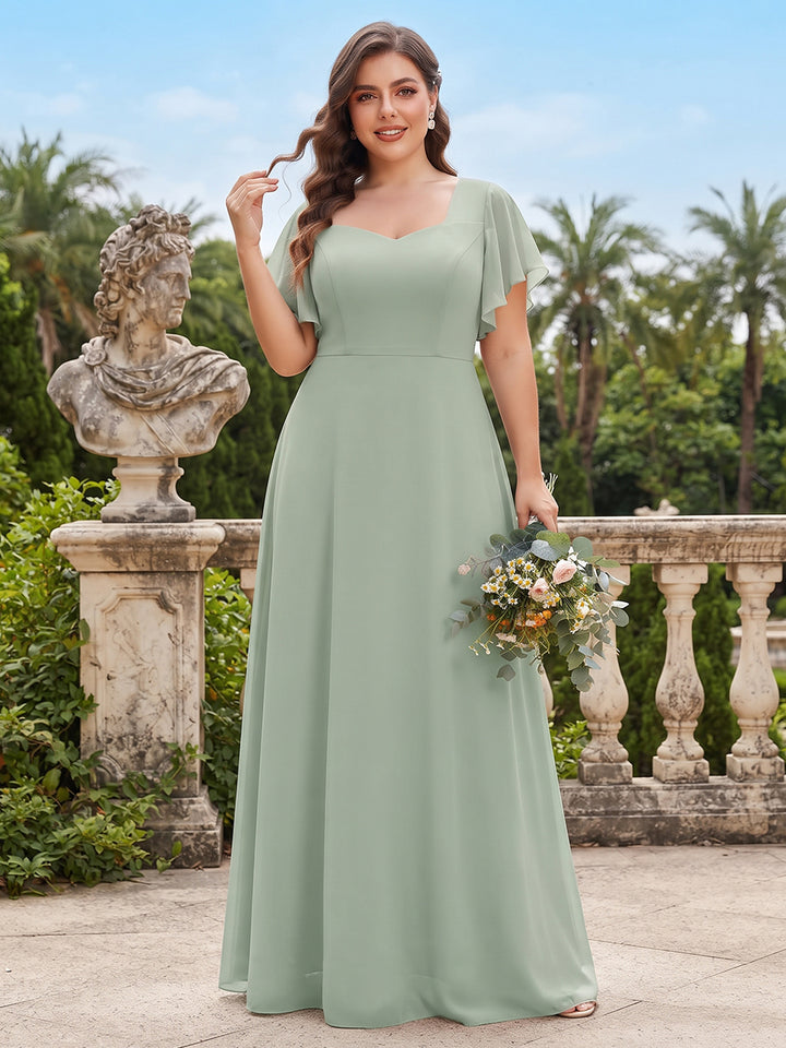 A-Line/Princess Sweetheart Short Sleeves Floor-Length Plus Size Bridesmaid Dresses with Ruffles