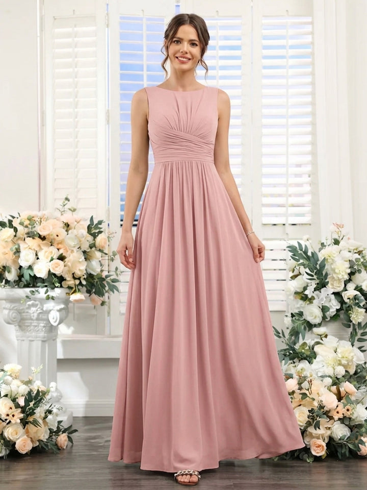 A-Line/Princess Scoop Sleeveless Floor-Length Bridesmaid Dresses with Ruched