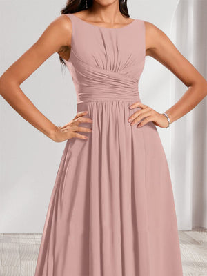 A-Line/Princess Scoop Sleeveless Floor-Length Bridesmaid Dresses with Ruched
