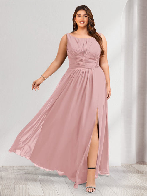 A-Line/Princess Scoop Sleeveless Floor-Length Plus Size Bridesmaid Dresses with Ruched