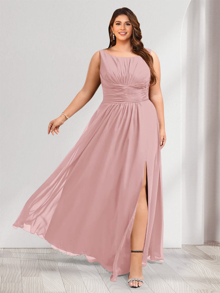 A-Line/Princess Scoop Sleeveless Floor-Length Plus Size Bridesmaid Dresses with Ruched