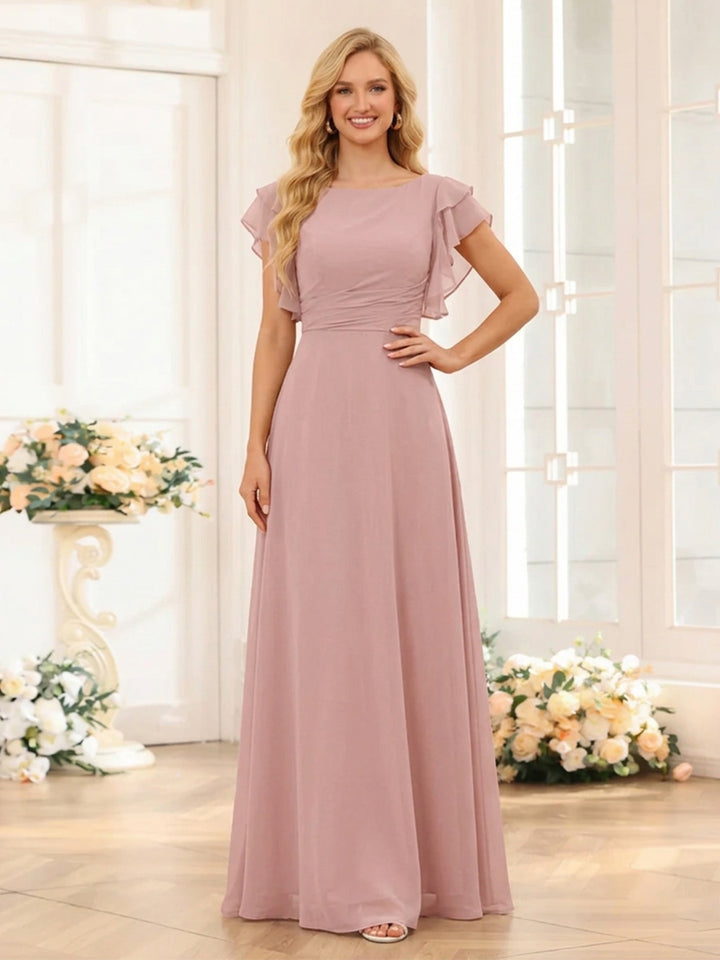 A-Line/Princess Scoop Short Sleeves Floor-Length Bridesmaid Dresses with Ruffles &amp; Ruched