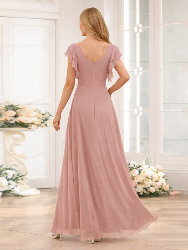 A-Line/Princess Scoop Short Sleeves Floor-Length Bridesmaid Dresses with Ruffles & Ruched