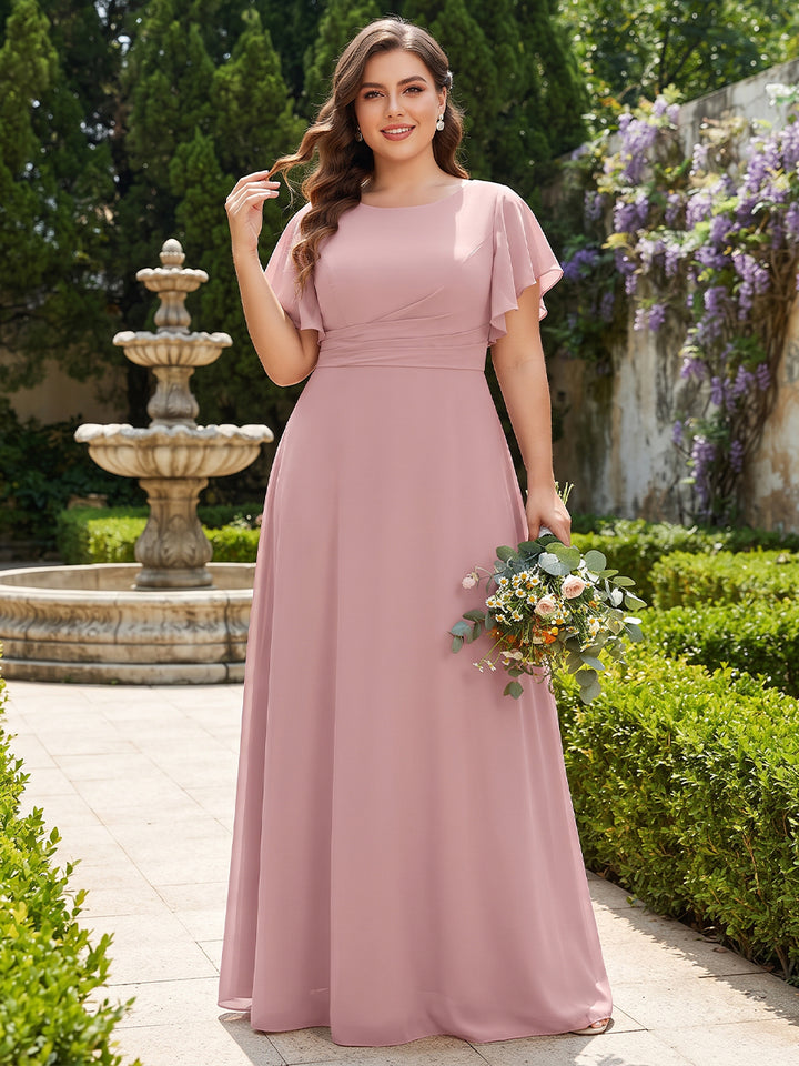 A-Line/Princess Scoop Short Sleeves Floor-Length Plus Size Bridesmaid Dresses with Ruffles &amp; Ruched