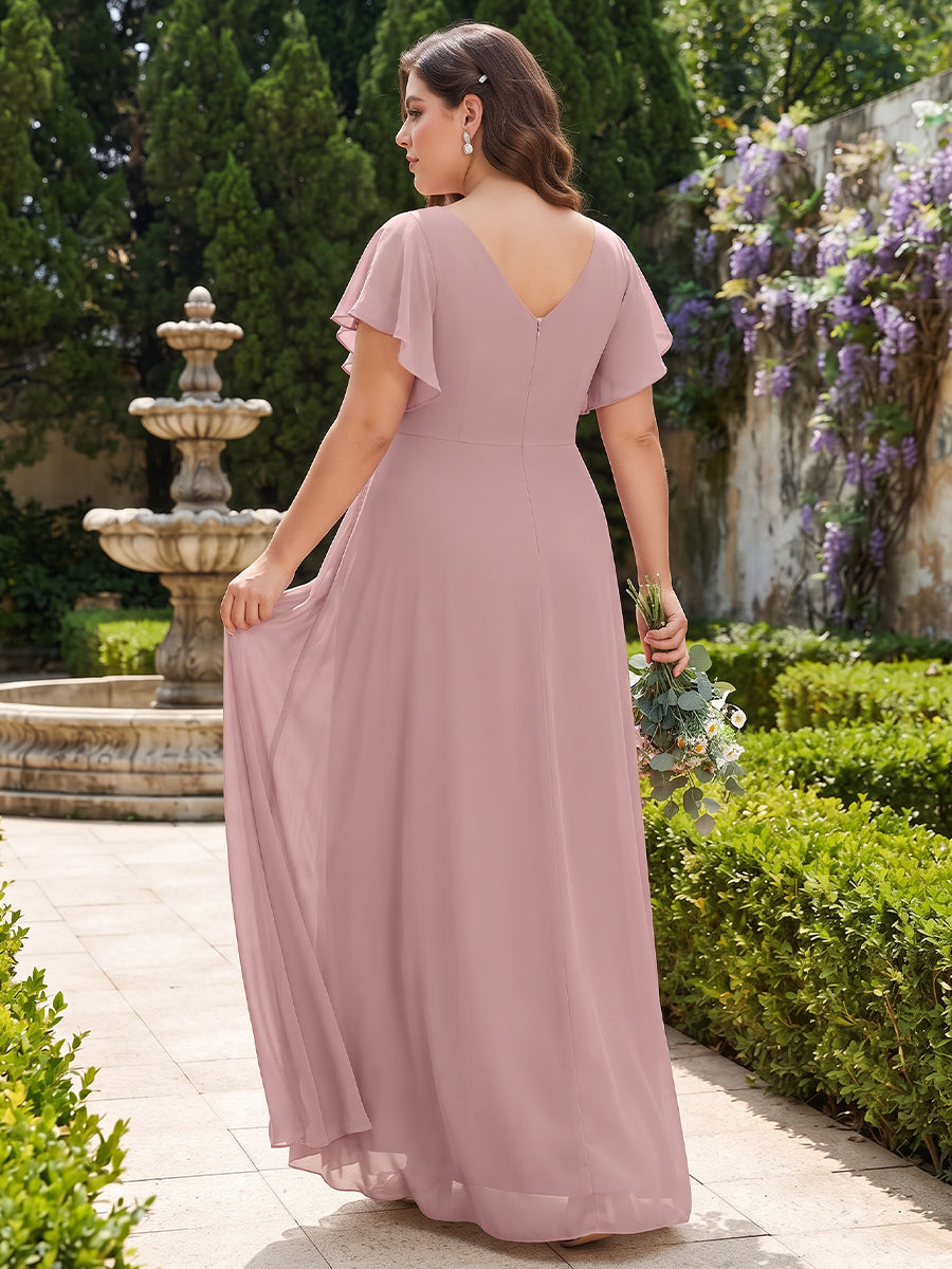 A-Line/Princess Scoop Short Sleeves Floor-Length Plus Size Bridesmaid Dresses with Ruffles &amp; Ruched