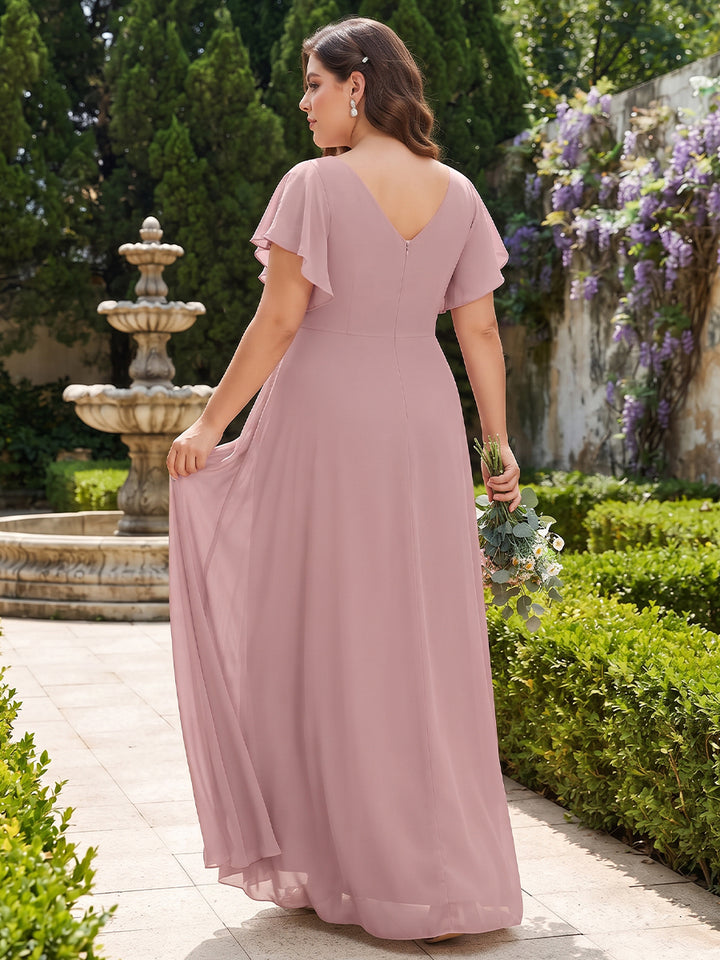 A-Line/Princess Scoop Short Sleeves Floor-Length Plus Size Bridesmaid Dresses with Ruffles &amp; Ruched