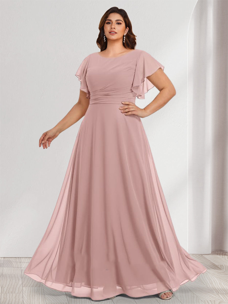 Lavetir Dusty Pink A-Line/Princess Scoop Short Sleeves Floor-Length Plus Size Bridesmaid Dresses with Ruffles & Ruched 2026