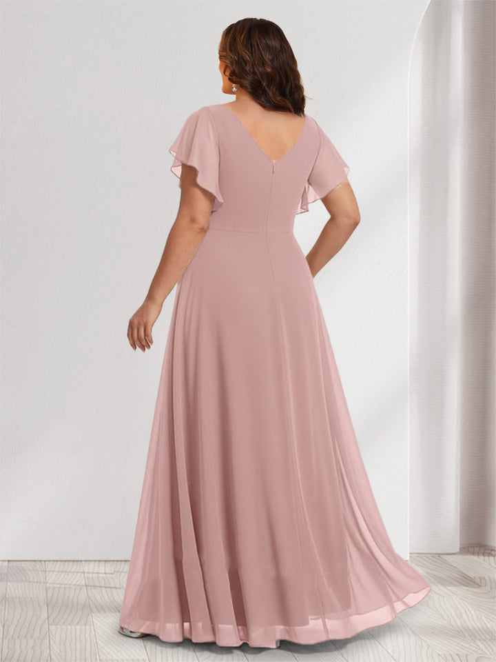 A-Line/Princess Scoop Short Sleeves Floor-Length Plus Size Bridesmaid Dresses with Ruffles &amp; Ruched